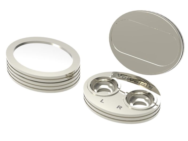 Bespoke luxury design contact lens cases made from polished stainless steel.